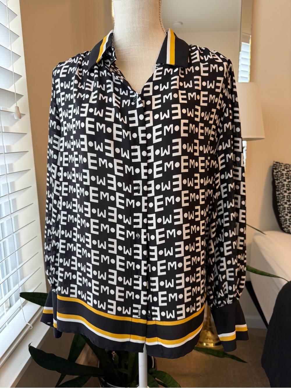 New York & Company Black and White Logo Print Blouse with Yellow Trim